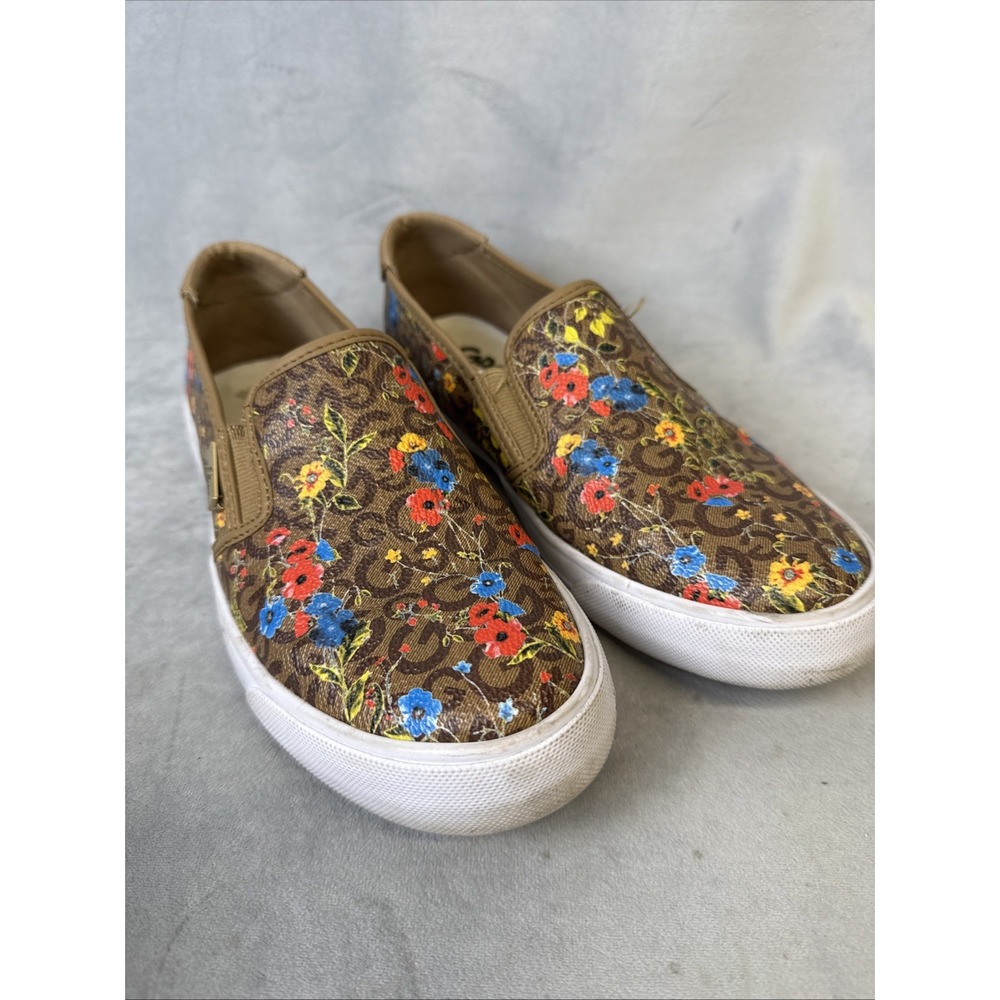 Guess Los Angeles Shoes Womens Size 7.5 Brown Floral Flowers Slip On GGbollie-r